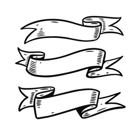 Ribbons set black color engraving style. Hand drawn vintage vector illustration.のイラスト素材