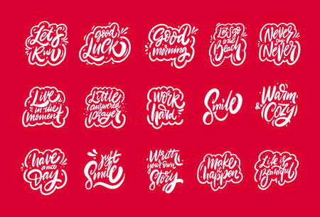 Optimistic motivation phrases set. Hand drawn white color lettering text and red background.のイラスト素材
