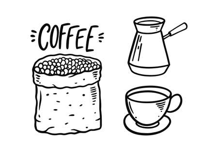 Hand drawing coffee doodle set elements. Vintage style.のイラスト素材