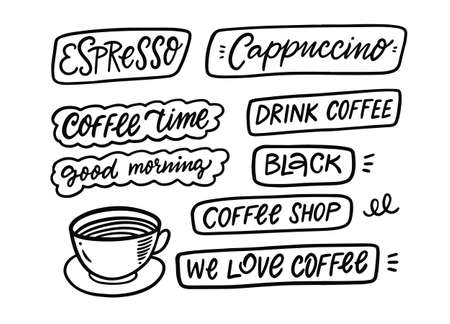Coffee names and popular quotes set and coffee cup. Hand drawn calligraphy.のイラスト素材