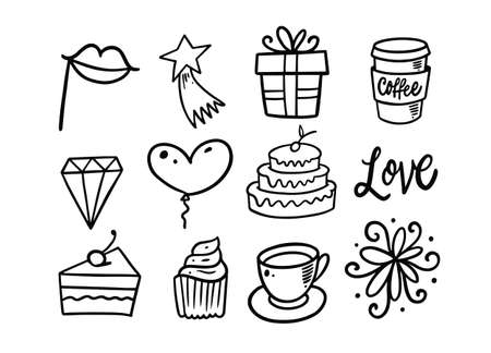 Celebration hand drawn doodle elements set. Food and gifts.のイラスト素材