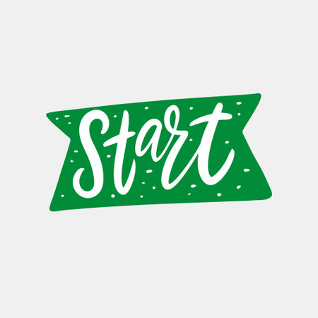 Start word. Hand drawn green color lettering text on ribbon.のイラスト素材
