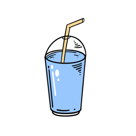 Blue drink water in cup with tube. Hand drawn colorful cartoon sketch.のイラスト素材