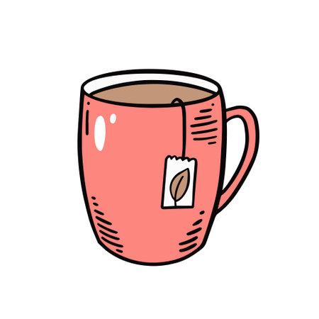 Hand drawn pink cup with tea. Colorful cartoon style doodle vector illustration.のイラスト素材