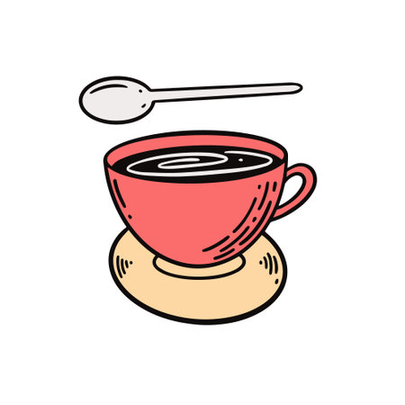Red coffee cup and spoon. Hand drawn colorful cartoon doodle style.のイラスト素材