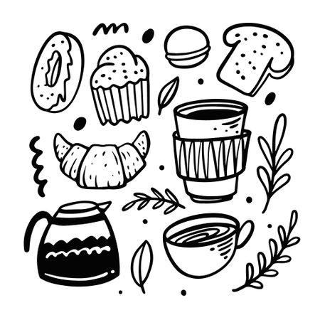 Doodle outline breakfast set. Hand drawn black color vector illustration.のイラスト素材