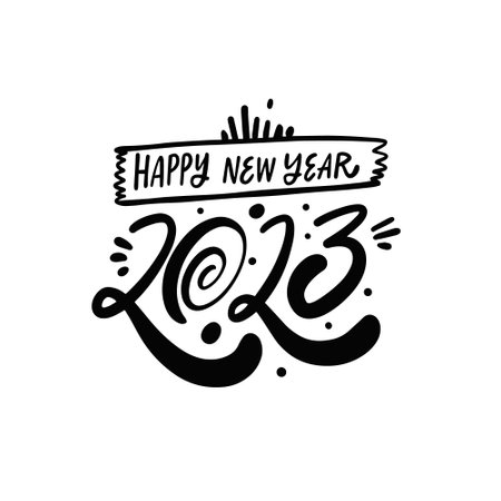 happy New Year hand drawn black color calligraphy phrase.のイラスト素材