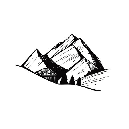 Hand drawn black color sign logo mountains vector art illustration.のイラスト素材