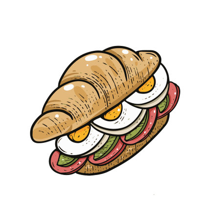 Hand drawn colorful cartoon style sandwich with eggs vector art illustration.のイラスト素材