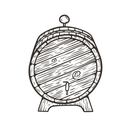 Barrel wine and beer hand drawn black color engraving style.のイラスト素材