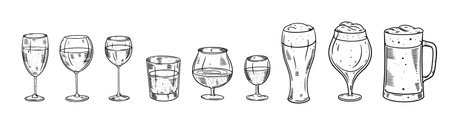 Hand drawn drinks in glass mugs and glasses set outline black color sketch style.のイラスト素材