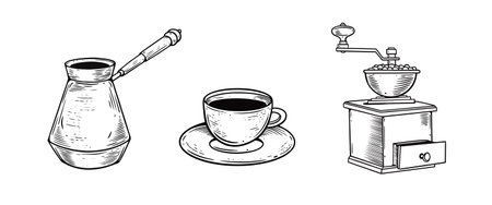 Coffee grinder, Turkish coffee and mug. Hand drawn sketch engraving style.のイラスト素材