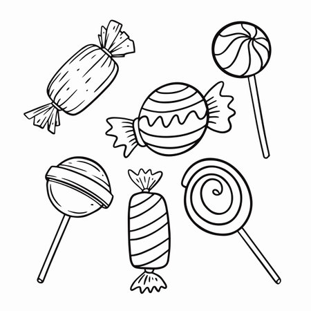 Hand drawn outline style candy set black color vector art.のイラスト素材