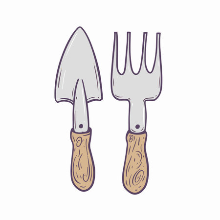Shovel and fork for the garden hand drawn colorful outline style.のイラスト素材