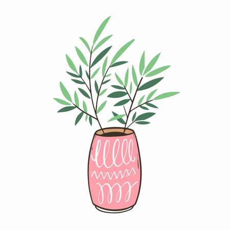 Pink home pot with green plant outline style vector illustration.のイラスト素材