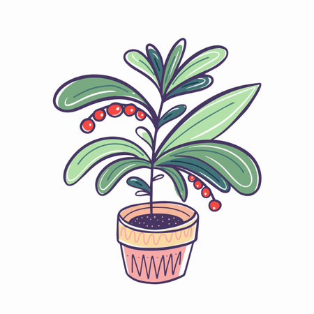 Green plant in pink home pot hand drawn outline sketch art.のイラスト素材
