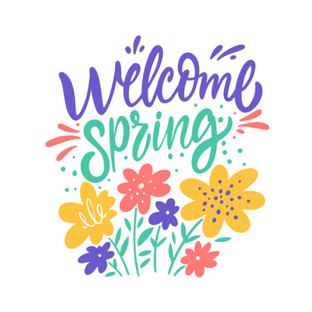 Welcome spring calligraphy lettering phrase and flowers bouquet.のイラスト素材