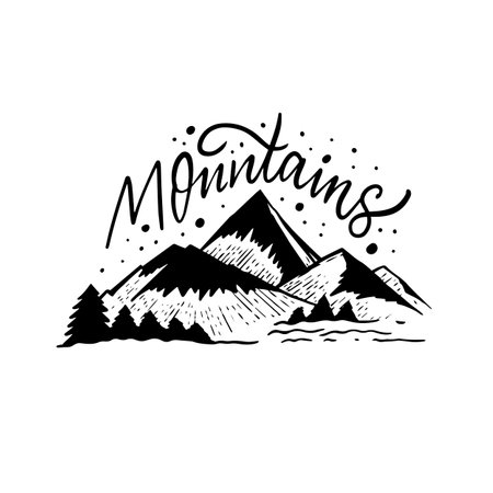 Mountains text lettering and black illustration.のイラスト素材