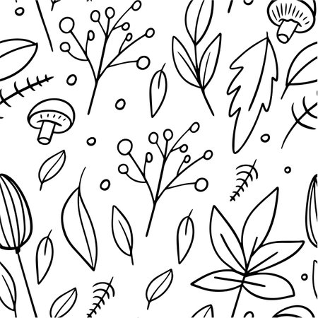 Branches and leaf line art monochrome seamless pattern.のイラスト素材