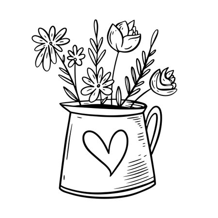 Hand drawn line art flowers in vase. Vector art illustration.のイラスト素材