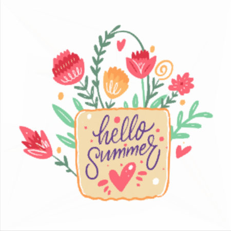 Flowers in bag and hello summer lettering phrase.のイラスト素材