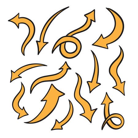 Hand drawn yellow color line art arrows set collectionのイラスト素材