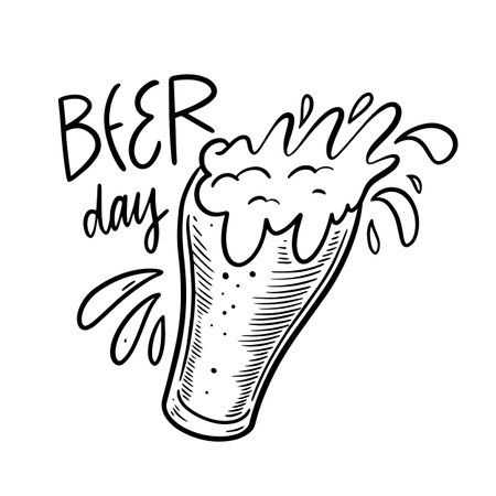 Beer glass hand drawn line art sketch style and beer day lettering phraseのイラスト素材