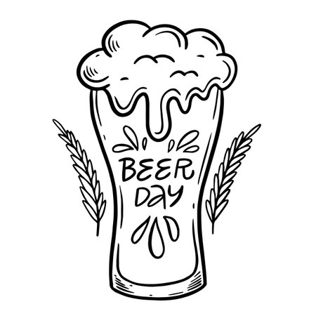 Beer day or Oktoberfest sign. Glass of beer with foam outline sketch art.のイラスト素材