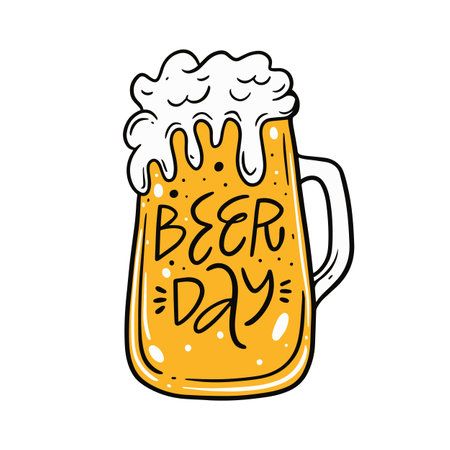 Hand drawn cartoon style beer glass with foam and beer day lettering phrase textのイラスト素材