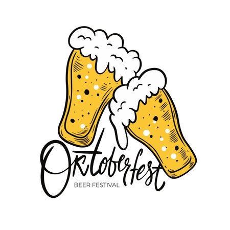 Oktoberfest calligraphy phrase and beer glassesのイラスト素材