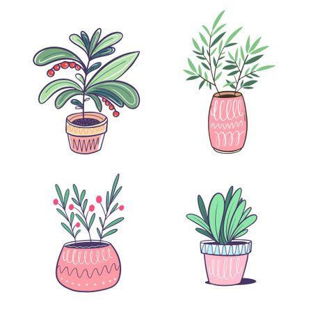 Houseplant set colorful cartoon style vector art illustrationのイラスト素材