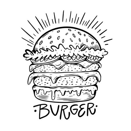 Hand drawn black color burger sign. Fast food logo cafeのイラスト素材