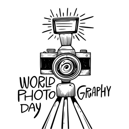 World Photography day lettering and camera vector illustrationのイラスト素材
