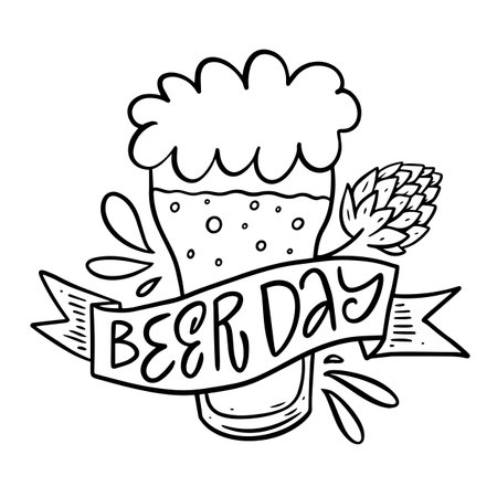 Beer day text and glass hand drawn line art.のイラスト素材