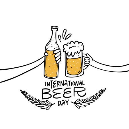 International beer day lettering phrase, beer glass and bottle.のイラスト素材
