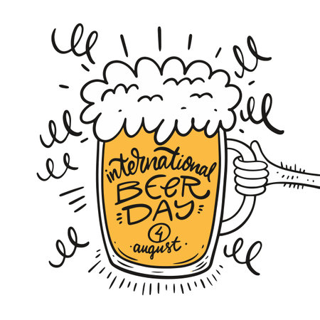 Hand drawn beer glass and international beer day phrase.のイラスト素材