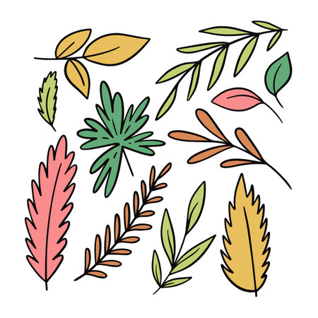Hand drawn line art style colorful leaves set autumn seasonのイラスト素材
