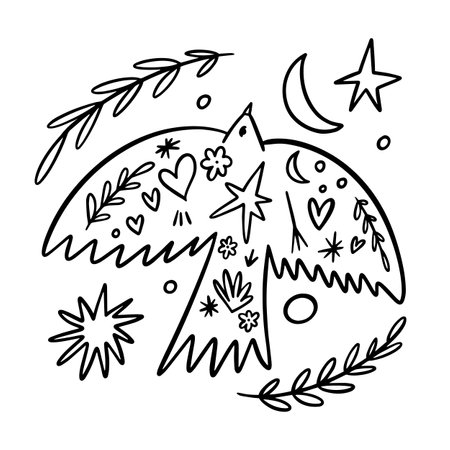 Hand drawn black color bird magical symbol. Line art style vector illustration.のイラスト素材