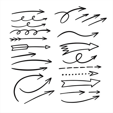 Different curve arrows set. Black and white color drawing sign.