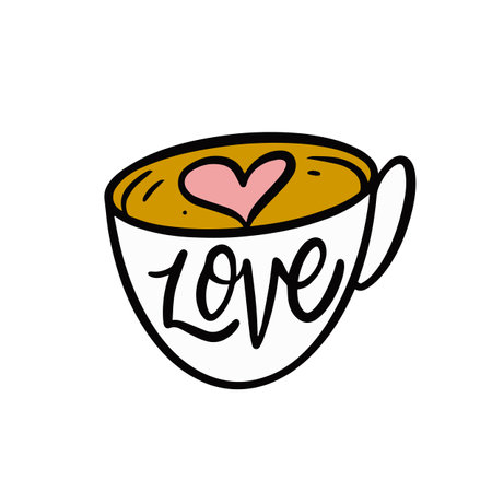 Hand drawn coffee mug and love word sign. Vector art.のイラスト素材