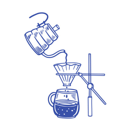 An Artistic Illustration of the Pour Over Coffee Brewing Process Featuring Various Elementsのイラスト素材