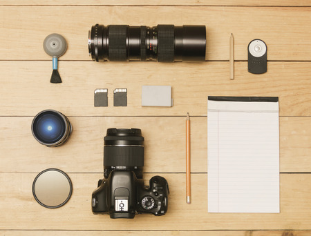 Photographer accessories in flat lay shotの写真素材