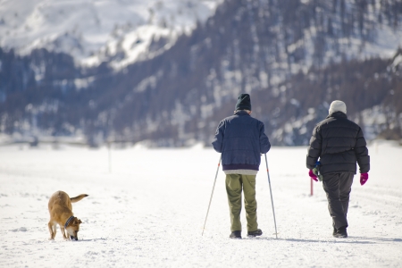 Aged couple with dog walking on the snow の写真素材