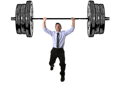 composite young attractive businessman power lifting heavy dumbbelll weights metaphor to cost of living , obligations taxes and bills payment in burden and struggle concept isolated on white backgroundの写真素材