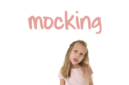 English language learning vocabulary school card with word mocking and sweet schoolgirl with blond...