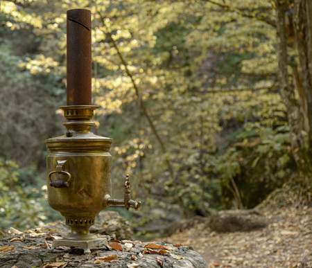 Samovar device for heating water in a beautiful forest on a stone among the leaves and branches of...