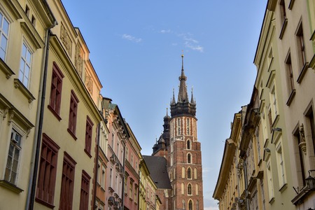 Architecture on the face of Krakow in Europe evening shooting street house roof historyの写真素材