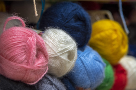 Colored thread wool cotton on the counter sale, coloredの写真素材