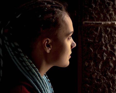 Portrait of a girl with dreadlocks in profile with a backlightの写真素材