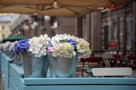 Artificial flowers in buckets adorn the summer outdoor veranda of the cafe.の写真素材
